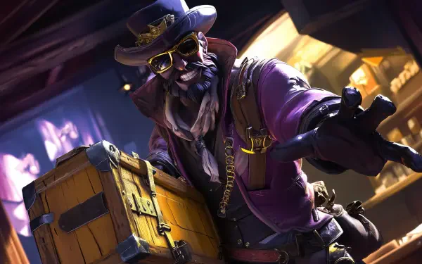A charismatic smuggler in a purple coat and sunglasses poses confidently with a treasure chest, set against a dimly lit background. 4K Ultra HD PC desktop wallpaper.