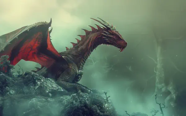 A majestic dragon with red wings perches on rocky terrain, shrouded in mist, creating a captivating fantasy scene. This stunning image serves as a 4K Ultra HD desktop wallpaper.