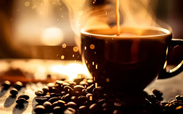 A steaming cup of coffee is poured, surrounded by scattered coffee beans, creating a warm, inviting atmosphere in this vibrant 4K Ultra HD desktop wallpaper.