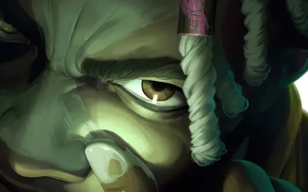 Close-up of Ekko from League of Legends, featuring his intense gaze. This 4K Ultra HD wallpaper captures the character's dynamic essence and vivid details for a striking background.