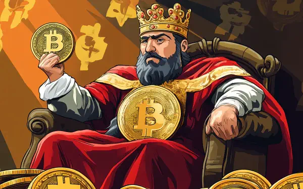 A regal figure in a crown holds a Bitcoin coin, surrounded by golden coins, symbolizing cryptocurrency wealth. This 4K Ultra HD wallpaper captures the essence of Bitcoin dominance.
