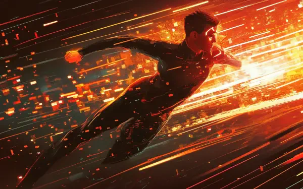 A dynamic sci-fi scene featuring a data runner speeding through a burst of vibrant colors and light, perfect for a 4K Ultra HD PC desktop wallpaper.