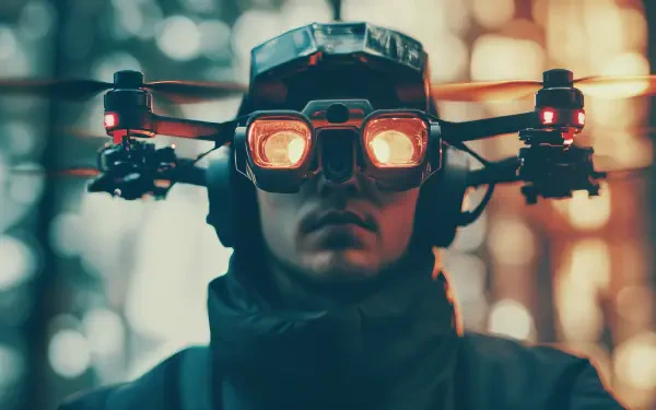 A man operates a drone, wearing advanced goggles and surrounded by a serene, blurred forest background. This 4K Ultra HD image captures the essence of modern drone technology.