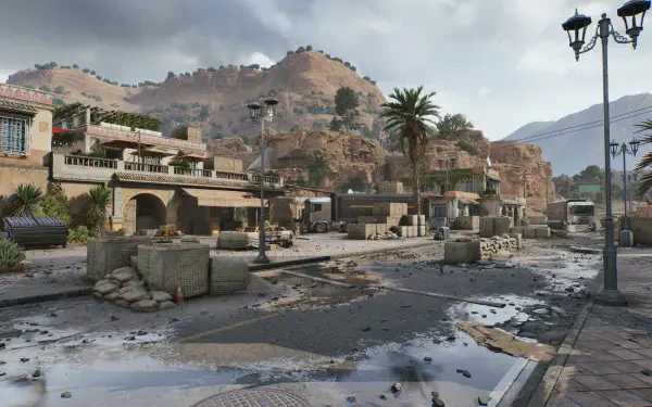 A detailed HD wallpaper depicting an arid landscape from the video game Delta Force, featuring a rugged terrain with ruins, palm trees, and a dramatic sky.