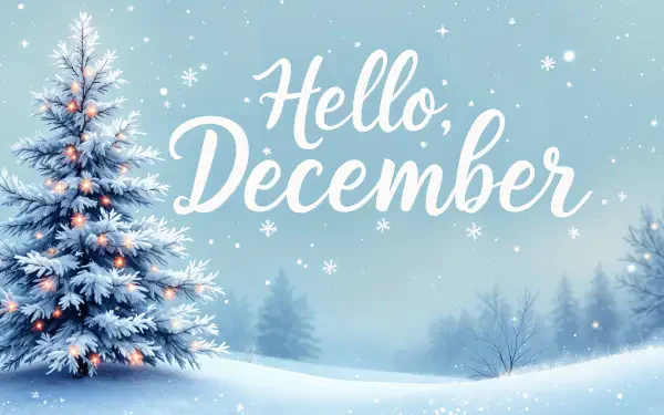 A serene winter scene featuring a snow-covered tree adorned with lights, accompanied by the text Hello December, making for a beautiful 4K Ultra HD desktop wallpaper.