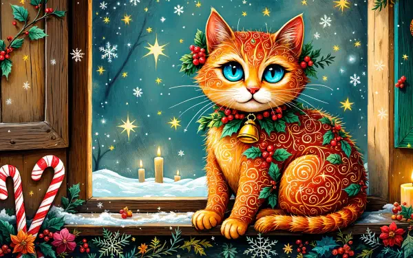 A vibrant Christmas cat sits by a window adorned with snow and candles, surrounded by festive decorations. This enchanting 4K Ultra HD wallpaper captures a whimsical holiday spirit.
