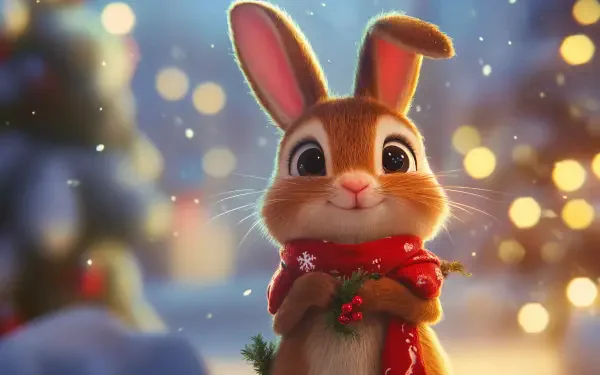 A cute bunny in a red scarf stands against a festive, snowy background with soft bokeh lights, creating a charming Christmas atmosphere. This image is a 4K Ultra HD desktop wallpaper.