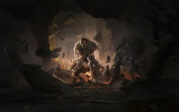 A dramatic scene from Path of Exile 2 features a viking character emerging from shadows amidst debris, showcasing intense action and stunning 8K Ultra HD graphics.