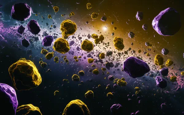 A breathtaking 4K Ultra HD desktop wallpaper depicting a vibrant asteroid field, showcasing colorful asteroids floating through a cosmic backdrop of ethereal light.