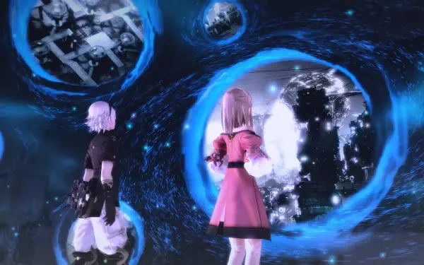 A visually stunning HD wallpaper from the video game FANTASIAN Neo Dimension, featuring two characters gazing into swirling portals filled with vibrant blues and sparkling lights.