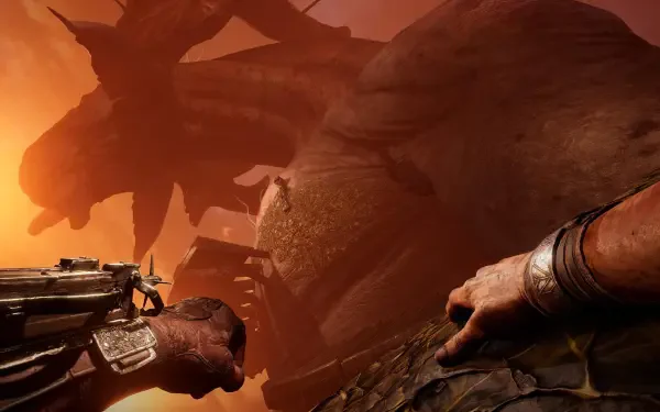 A dramatic scene from Skydance's BEHEMOTH, showcasing a colossal creature against a fiery backdrop, with a character gripping a weapon, set in a detailed HD PC wallpaper.