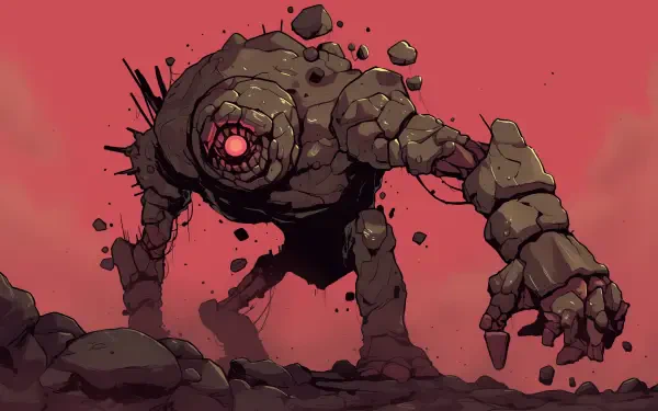 HD PC desktop wallpaper depicting a powerful stone golem creature with glowing red eye, set against a muted red background.
