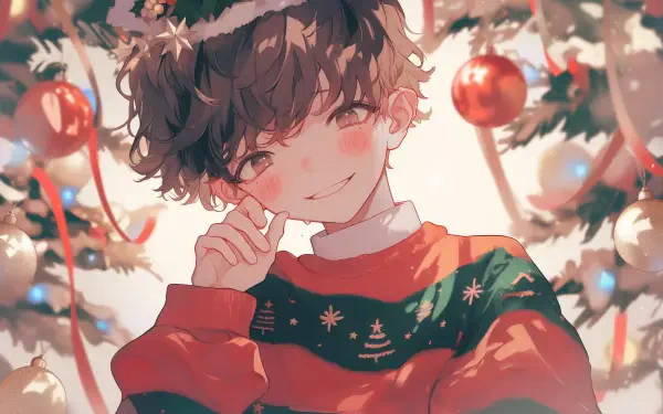 An anime boy wearing a festive Christmas sweater smiles playfully, surrounded by a beautifully decorated Christmas tree adorned with ornaments and ribbons.