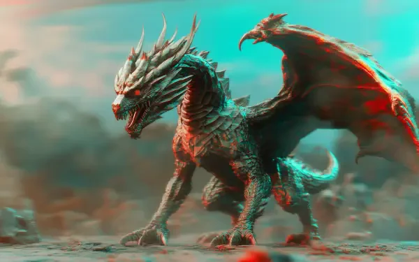 A stunning HD wallpaper featuring a fierce dragon with intricate scales and majestic wings, set against a dramatic background of swirling clouds and vibrant colors.