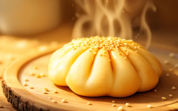 A warm, freshly steamed bun with a golden crust and sesame seeds, resting on a wooden plate, exuding steam and inviting aromas, showcased as a vibrant 4K Ultra HD PC desktop wallpaper.