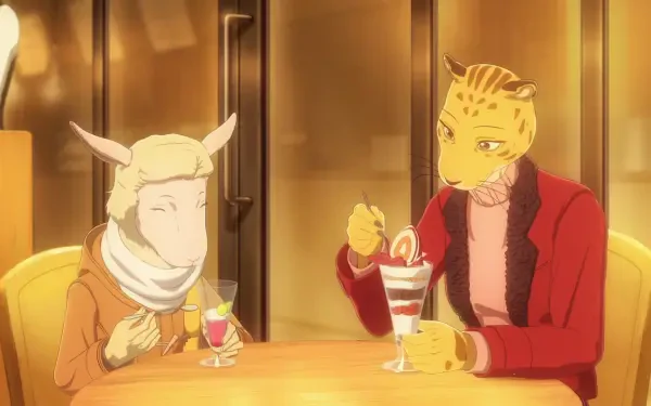A vibrant HD desktop wallpaper featuring Sheila from Beastars and a sheep character enjoying desserts at a cafe, capturing the show's unique blend of warmth and intrigue.