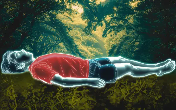 A tired figure in a red shirt floats peacefully amidst a vibrant forest landscape, captured in stunning 4K Ultra HD, creating a serene and introspective atmosphere.