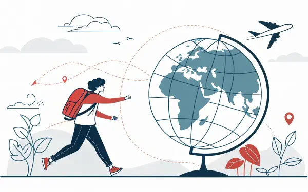 A traveler with a backpack walks towards a globe, symbolizing adventure and exploration. This vibrant illustration serves as a stunning 4K Ultra HD desktop wallpaper and background.