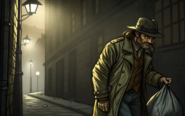 A smuggler in a long coat walks down a dimly lit alley, clutching a bag, amid gas lamps and shadows. This 4K Ultra HD wallpaper offers a moody, atmospheric backdrop.