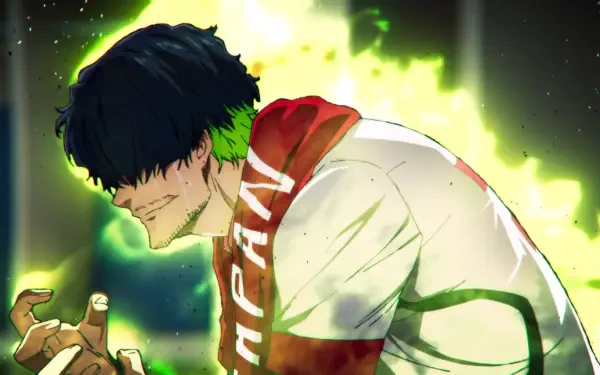 HD PC desktop wallpaper featuring Oliver Aiku from Blue Lock, depicted with green-tipped black hair and a white and red jacket against a glowing background.