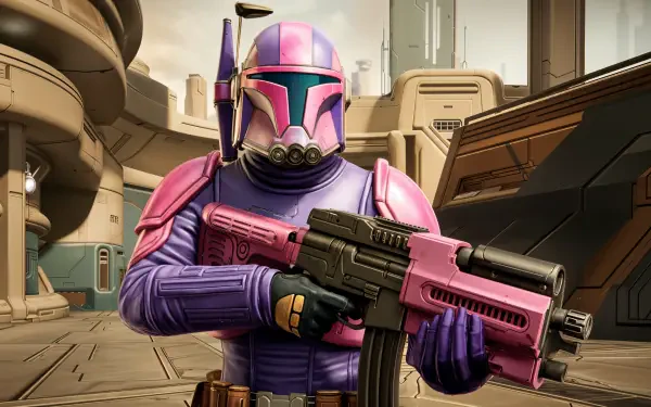 A colorful bounty hunter in a pink and purple suit, holding a futuristic weapon, stands in a sci-fi setting, creating an engaging 4K Ultra HD desktop wallpaper.