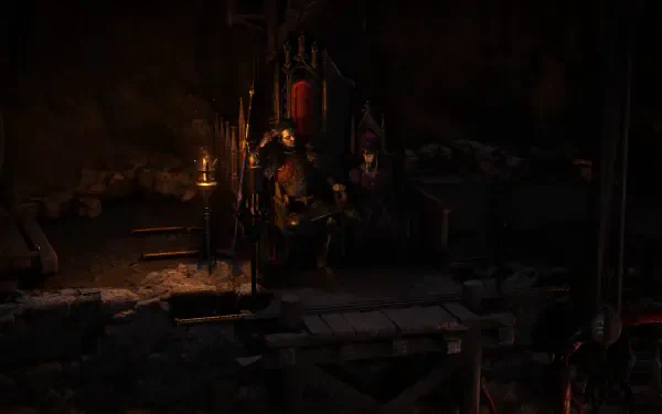 A dramatic scene from Path of Exile 2, featuring a king and queen surrounded by a moody, shadowy throne room, rendered in stunning 4K Ultra HD.