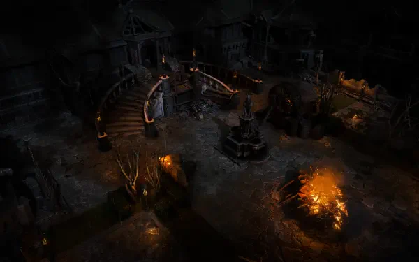 A dark, atmospheric scene from Path of Exile 2 featuring gothic architecture, illuminated by flickering firelight and surrounded by eerie trees, set as a stunning 4K Ultra HD wallpaper.