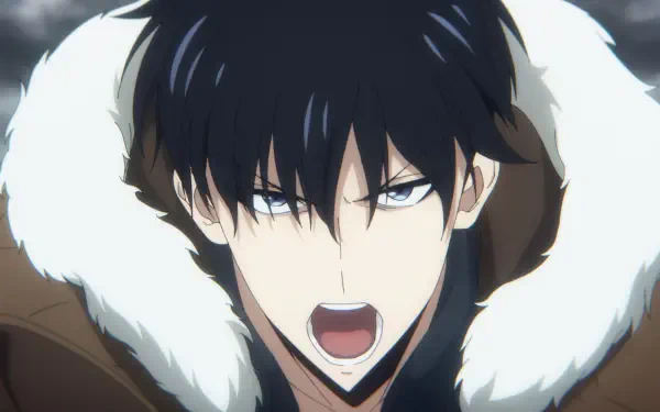 HD PC desktop wallpaper featuring Sung Jin-Woo from the anime Solo Leveling: ReAwakening, showcasing intense expression and dark fur-lined jacket.