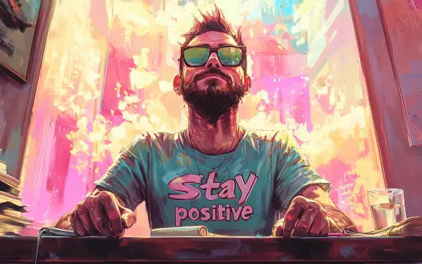 A vibrant, artistic HD wallpaper featuring a man with sunglasses and a Stay Positive shirt, radiating motivation and positivity against a colorful, energetic background.