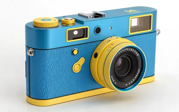 A vibrant blue and yellow camera with a sleek design, showcased as a 4K Ultra HD wallpaper and background, adding a modern touch to your desktop.