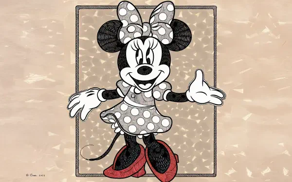 Colorful 4K Ultra HD desktop wallpaper featuring Minnie Mouse, dressed in her iconic polka-dotted dress and bow, welcoming viewers with a cheerful pose.
