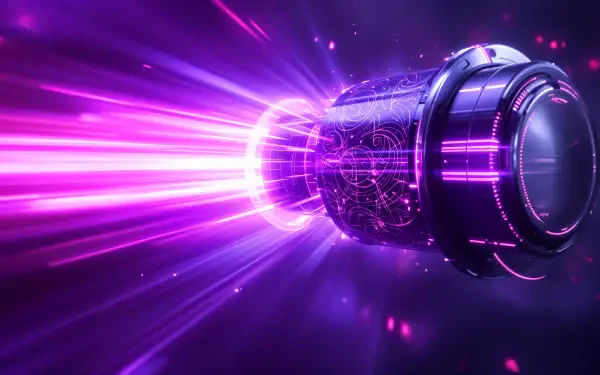 A vibrant depiction of a futuristic death ray, emitting intense purple energy beams. This striking image serves as a 4K Ultra HD wallpaper and background for a dynamic digital aesthetic.