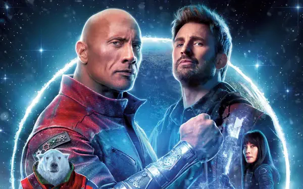 Dwayne Johnson and Chris Evans star in Red One, featured in this vibrant 4K Ultra HD desktop wallpaper, showcasing an exciting cosmic adventure with intriguing characters.