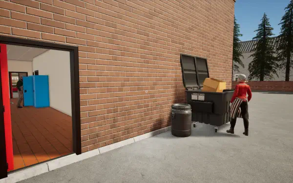 A vibrant 4K Ultra HD wallpaper featuring a scene from Fast Food Simulator, showcasing a character near a dumpster behind a brick building, with trees in the background.