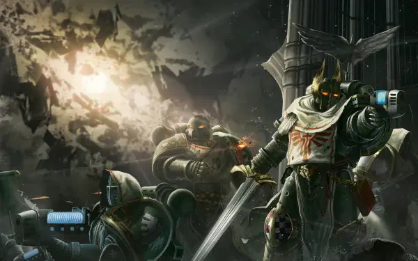 HD wallpaper featuring Dark Angels from Warhammer 40k, showcasing armored warriors in a dark, atmospheric setting with dramatic lighting and a dynamic background.