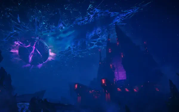 A vivid HD wallpaper from Borderlands 4, showcasing a mysterious landscape with a dramatic sky and an imposing structure illuminated in shades of purple and blue.