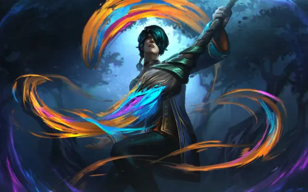 A vibrant 4K Ultra HD wallpaper featuring Hwei from League of Legends, showcasing dynamic colors and an enchanting mystical atmosphere.