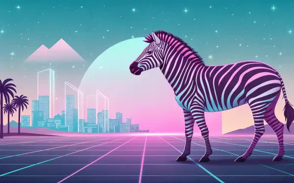 A vibrant zebra stands against a futuristic city skyline, surrounded by lush palm trees and a starry sky, captured in a colorful 4K Ultra HD wallpaper.