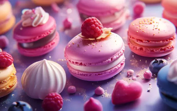 A close-up of vibrant pink macarons artfully arranged with assorted sweets, creating a delightful and colorful food scene, designed as an HD PC desktop wallpaper.