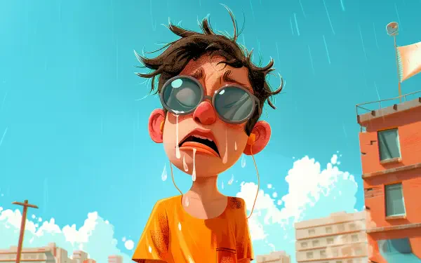 A vibrant 4K Ultra HD image features a boy in sunglasses, looking distressed under a bright, sunny sky, with melting tears and raindrops adding to the scene's playful atmosphere.