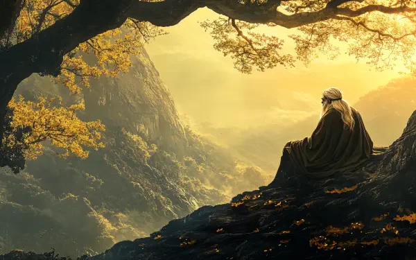 A serene landscape featuring a figure in contemplation beneath a tree, surrounded by autumn foliage and mountains, representing wisdom. 4K Ultra HD desktop wallpaper.
