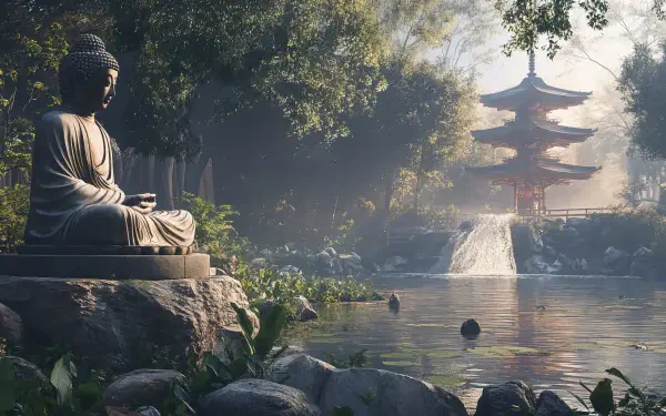 A serene scene featuring a tranquil Buddha statue by a peaceful pond, surrounded by lush greenery and a pagoda in the background. 4K Ultra HD desktop wallpaper depicting calmness.