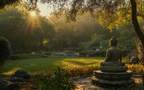 A serene garden scene featuring a Buddha statue, surrounded by lush greenery and gentle sunlight filtering through trees, captured in stunning 4K Ultra HD quality.