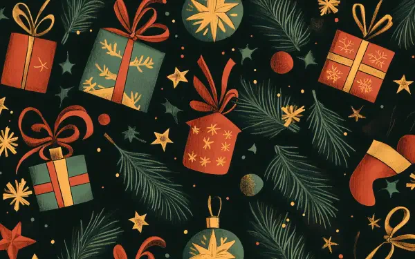 A festive holiday pattern featuring colorful gifts, ornaments, and stars, set against a dark background. This 4K Ultra HD wallpaper adds seasonal cheer to any desktop.
