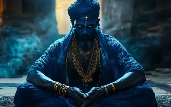 A captivating 4K Ultra HD desktop wallpaper featuring a serene djinn figure, adorned in gold jewelry, sitting in a mystical environment with blue tones and ethereal smoke.