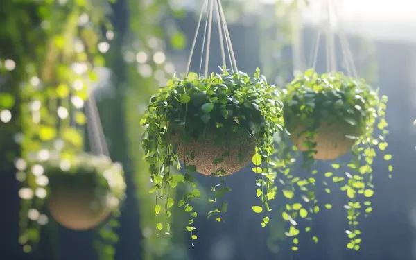 A vibrant image of hanging plants, showcasing lush green foliage in decorative planters. This 4K Ultra HD wallpaper creates a refreshing and tranquil atmosphere.