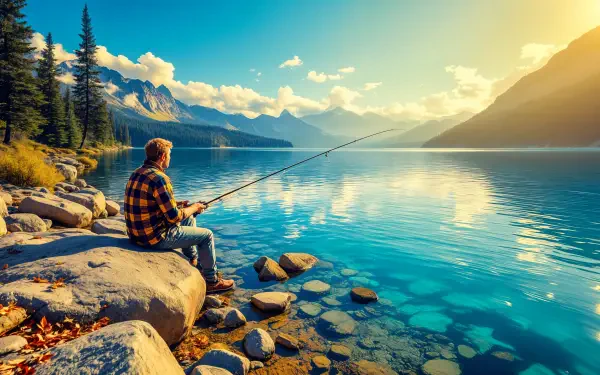 A serene fishing spot with a person casting a line from a rocky shore, framed by a picturesque lake and mountains, presented as a stunning 4K Ultra HD desktop wallpaper.
