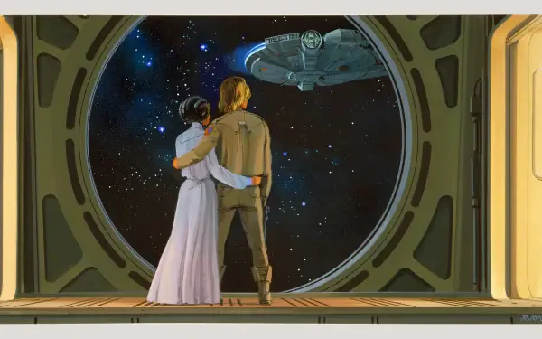 Princess Leia Organa and Luke Skywalker embrace while gazing at the Millennium Falcon against a backdrop of stars, captured in this stunning HD Star Wars desktop wallpaper.