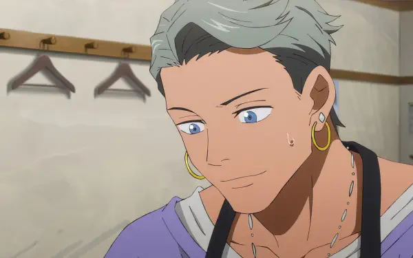 A close-up of a character with silver hair and blue eyes, wearing earrings and an expressive smile. This HD anime wallpaper features a warm, engaging atmosphere.