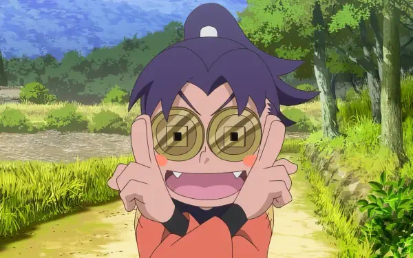 Anime character with purple hair and large, round glasses smiles and makes a playful gesture in a lush outdoor setting from Gekijouban Nintama Rantarou: Dokutake Ninja Tai Saikyou no Gunshi.